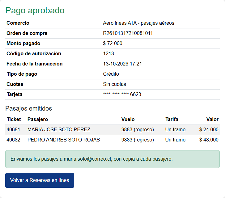Comprobante de pago aprobado con los pasajes emitidos