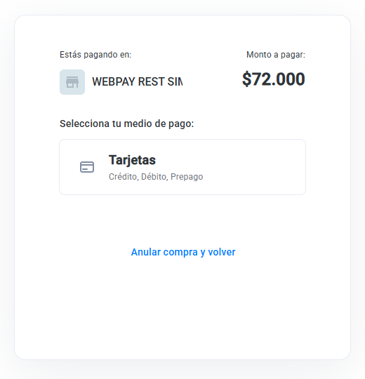 Página de pago de Webpay con el monto a pagar y la opción Tarjetas